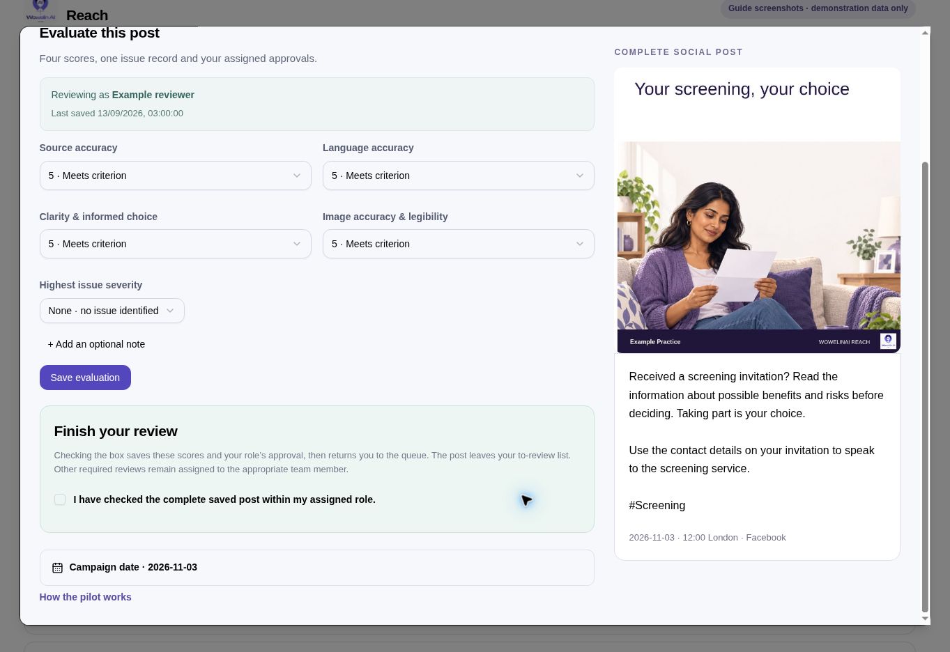 Pilot evaluation with reviewer identity, four scores, issue severity, save evaluation and the completion checkbox that returns to the queue.