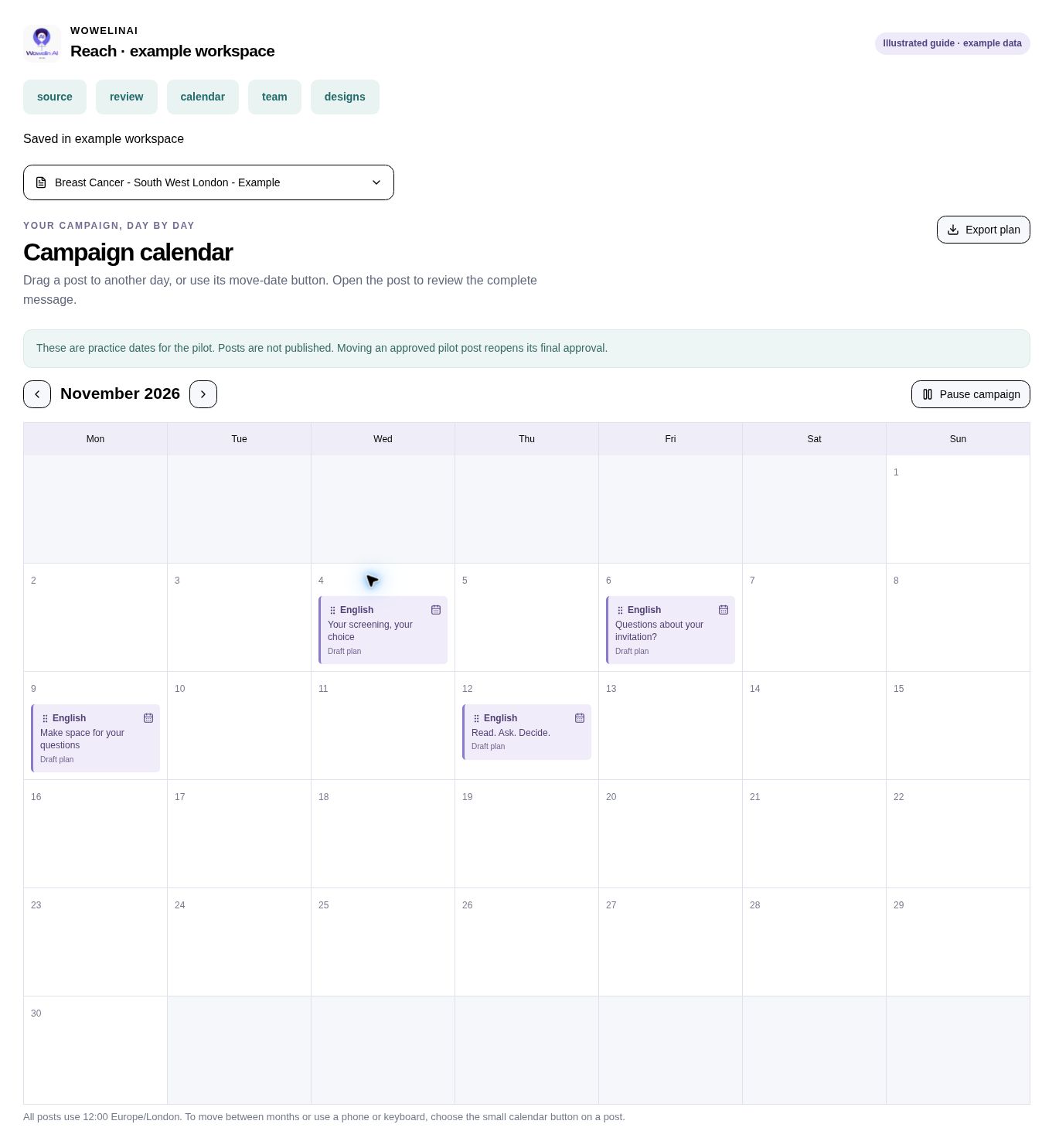 Monthly calendar with compact draggable posts, a small move-date icon on each post, month navigation and Export plan.