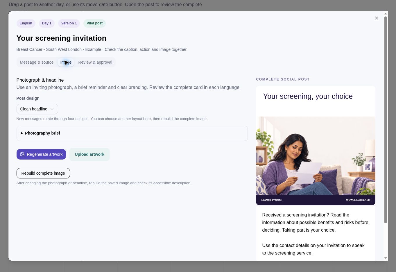 Image tab with post design dropdown and rebuild complete image button, next to the complete post preview.